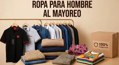 Imagen con ropa colgada en un rack o burro y ropa doblada en una mesa con letras que dicen ropa para hombre al mayoreo