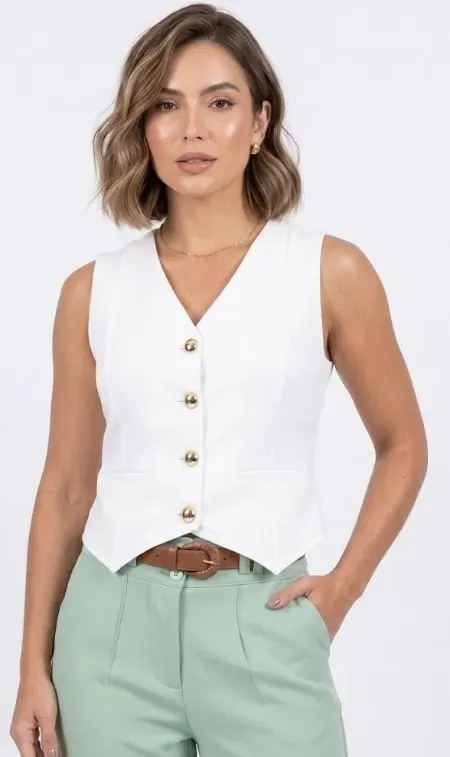 Chaleco de licra blanco para mujer con escote en V, botones dorados decorativos y corte elegante en tela de licra.