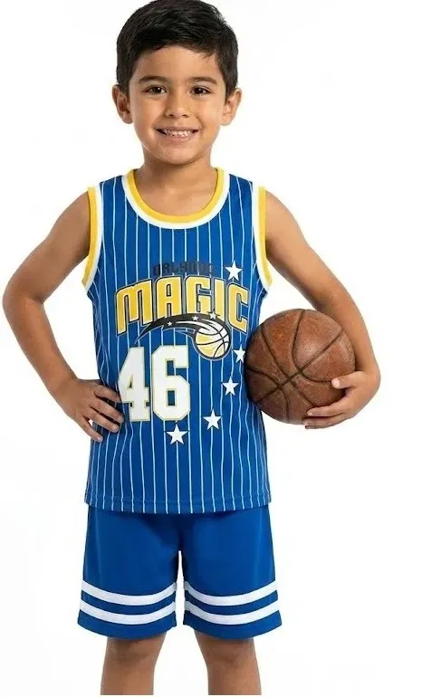 Conjunto deportivo para niño con jersey azul de Orlando Magic, short a juego y un balón de básquetbol.