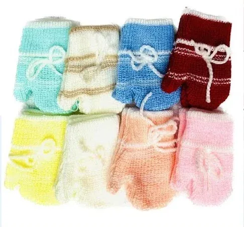 Manoplas de estambre tejidas a mano en colores surtidos con cordón de ajuste, ideales para recién nacido.