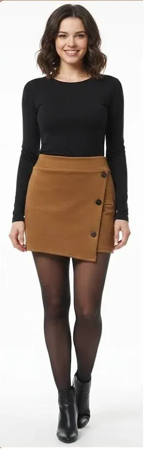 Falda short asimétrica color café tabaco en tela tipo gamuza con detalle de tres botones negros laterales.