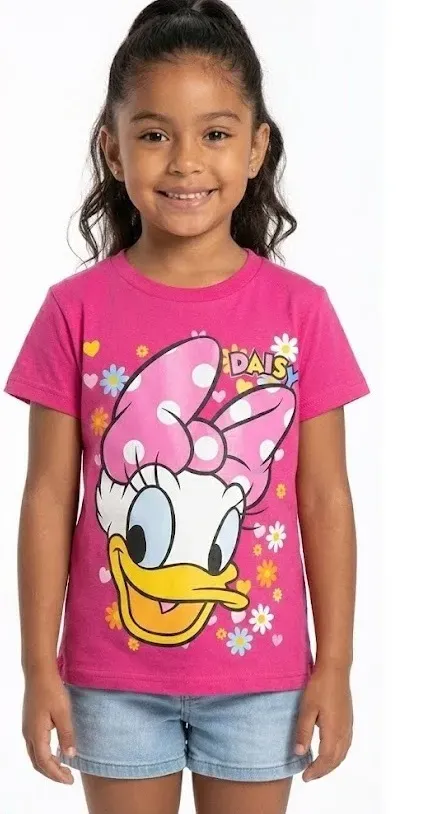 Playera rosa de manga corta con estampado grande del personaje Daisy y flores de colores vibrantes.