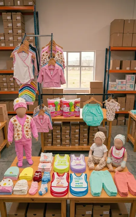 Exhibición de ropa para bebés al por mayor en un almacén, mostrando maniquíes infantiles, baberos apilados con texto, mamelucos colgados y accesorios.