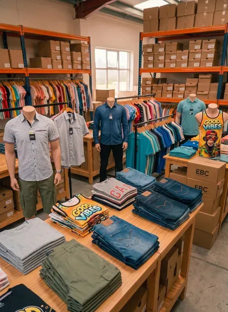 Sección de ropa para hombre en un almacén mayorista con maniquíes vistiendo camisas y mesas de exhibición con jeans y camisetas.