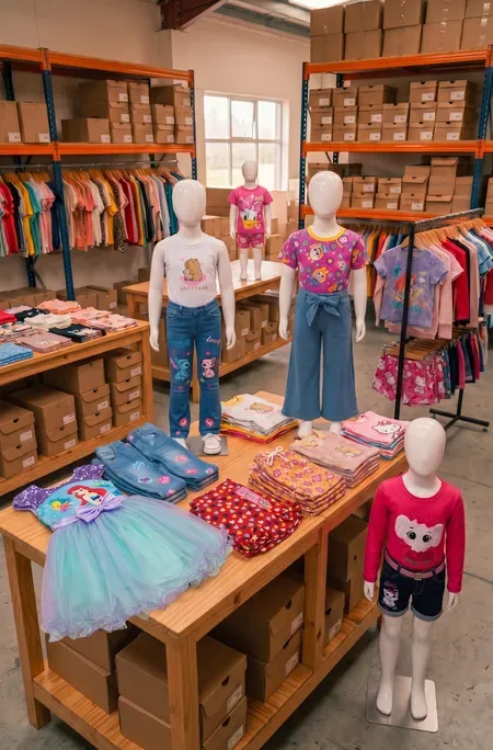 Departamento de ropa para niñas en un almacén, con maniquíes infantiles, conjuntos estampados y un vestido azul de tul.