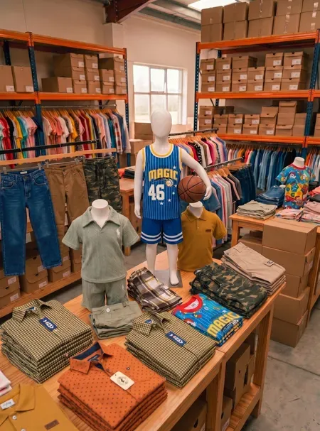Exhibición de ropa para niños en una tienda de mayoreo, destacando un maniquí con uniforme de baloncesto y camisas infantiles.