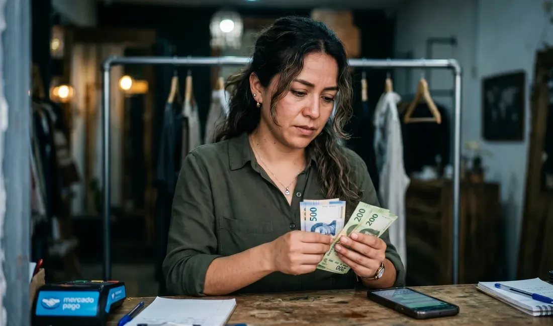 Una emprendedora de ropa contando billetes de pesos mexicanos con preocupación, con un perchero vacío de fondo.