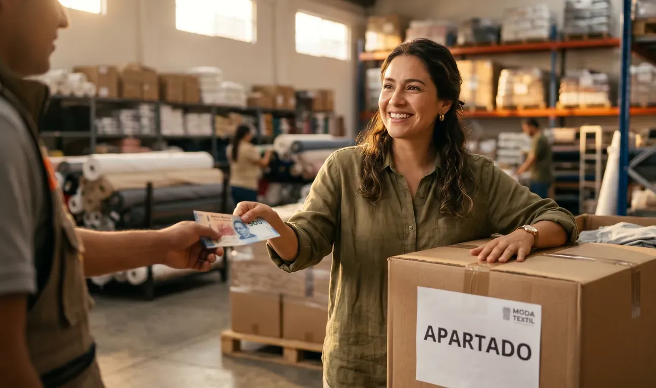 Emprendedora sonriendo al pagar con un billete de 500 pesos por una caja de mercancía que tiene una etiqueta de Apartado.
