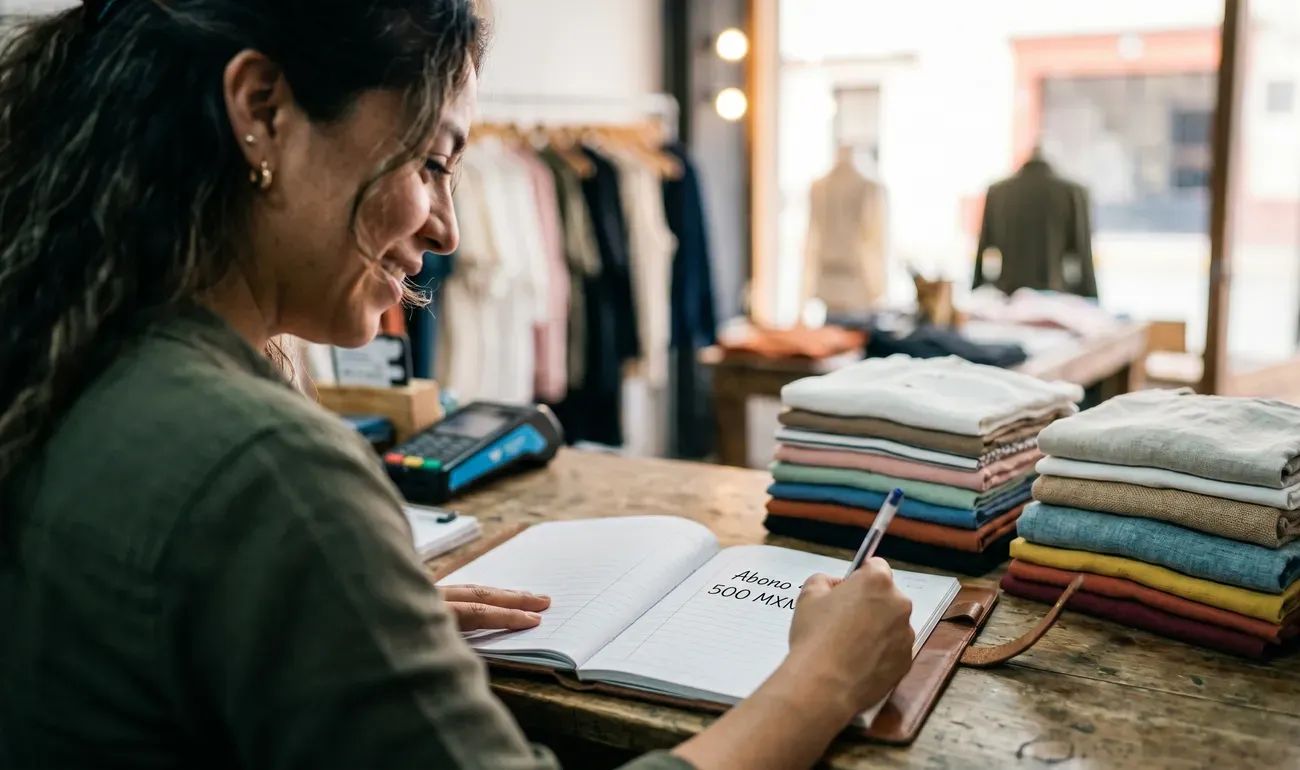 Mujer emprendedora anotando en su libreta de cuentas un abono de dinero junto a pilas de ropa perfectamente dobladas.