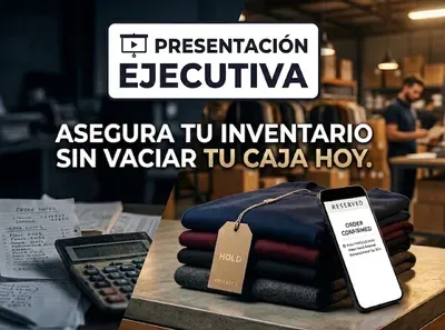 Composición ejecutiva que ilustra la estrategia de apartar inventario para no descapitalizarse. Portada para formato Presentación.