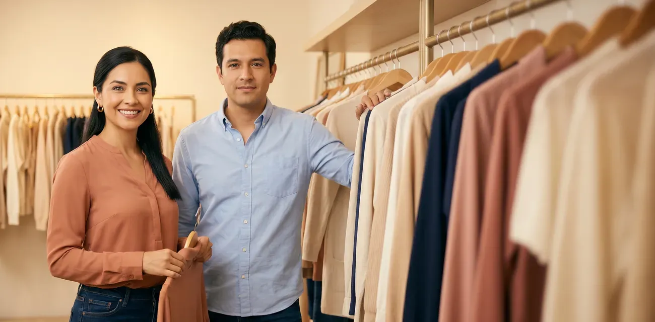 Emprendedora y socio presentan ropa de mayoreo con confianza — apartado sin intereses disponible.`