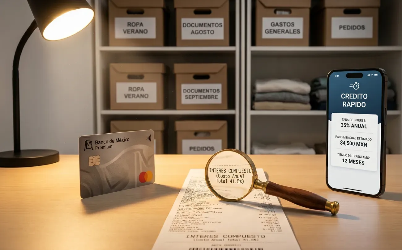 Tarjeta bancaria y smartphone enfrentados junto a recibo impreso y lupa, simbolizando leer letras pequeñas en créditos para ropa.