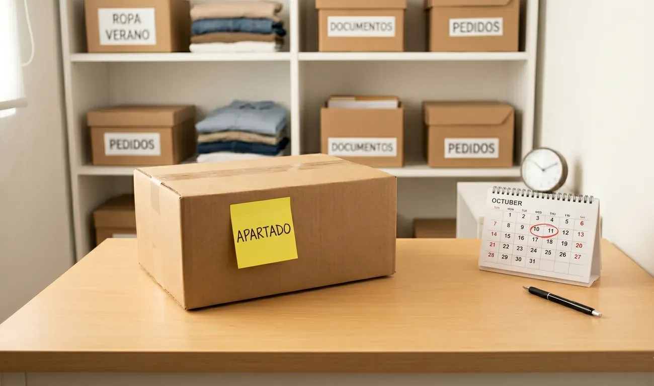 Caja de ropa con post-it de APARTADO, pila de billetes y calendario, representando la alternativa inteligente sin intereses.
