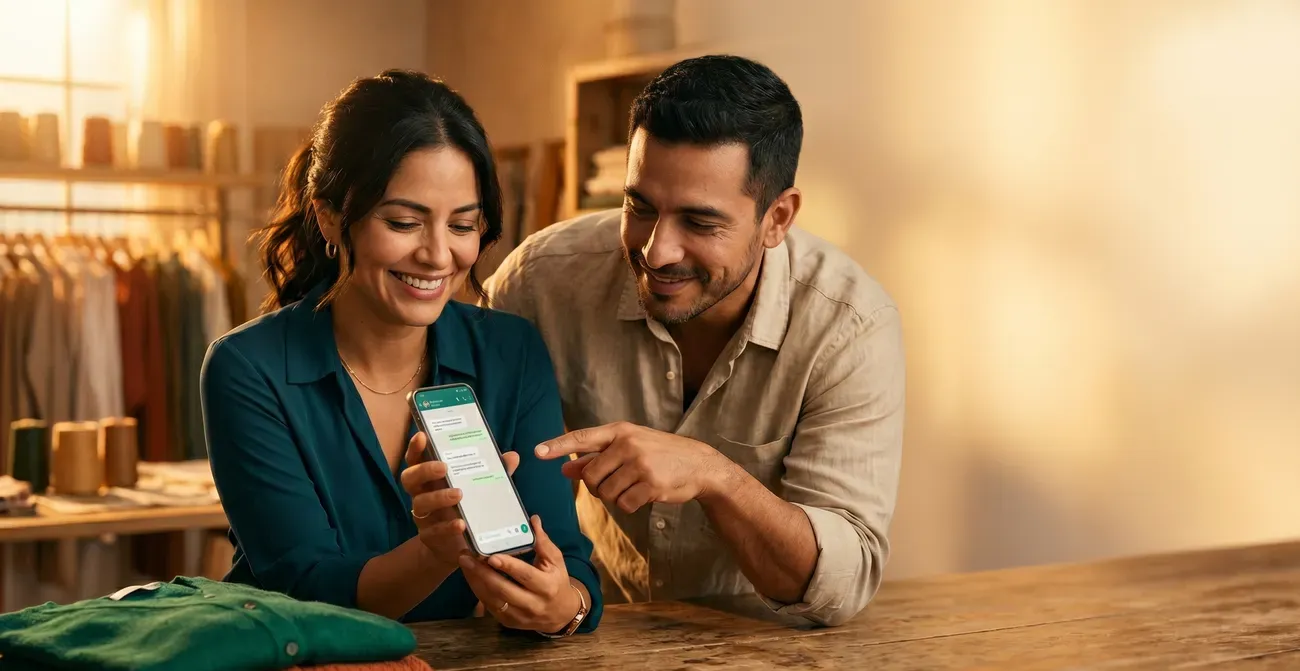 Dos emprendedores de 30 años revisando su margen en WhatsApp junto a prendas de mayoreo bajo luz dorada.