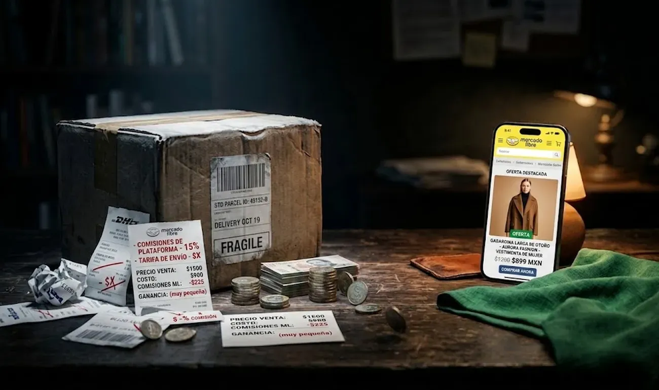 Fotografía de cerca de un escritorio oscuro con una caja de envío abollada bajo luz fría junto a un celular que muestra un catálogo de ropa sobre tela esmeralda bajo luz cálida.