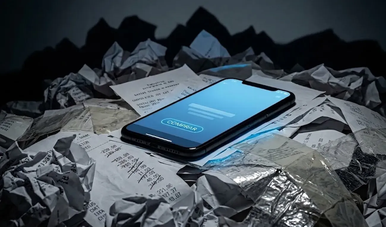 Celular con la pantalla de pago, el celular arriba de una pila de notas
