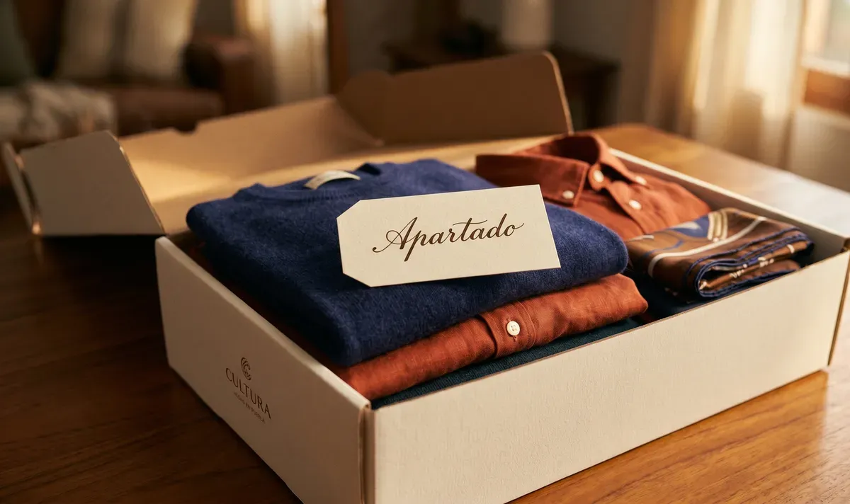 Toma cercana de una caja de envío premium abierta con ropa perfectamente doblada en su interior, sobre la cual descansa una elegante etiqueta con la palabra escrita a mano Apartado.