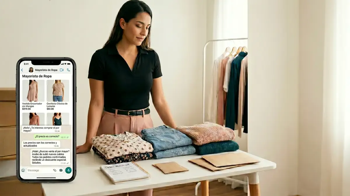 Emprendedora con varias prendas y celular con catalogo, lista para empezar a vender ropa con poca inversion y bajo riesgo.