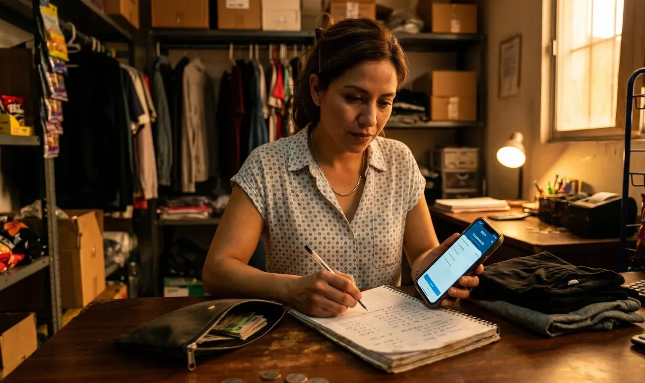 Joven emprendedora en un espacio privado y con luz cálida, revisando su celular y una libreta para organizar táctica y fraccionadamente los pagos de su mercancía.