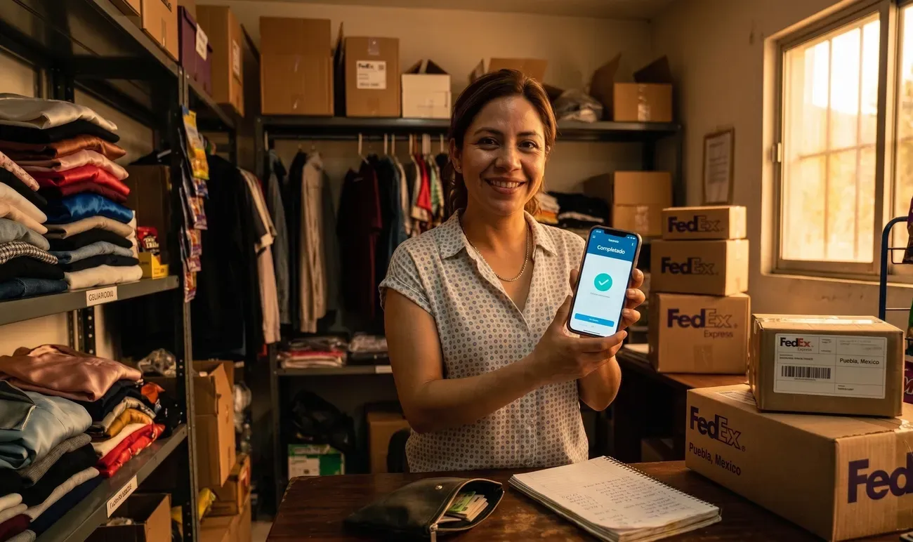 Joven dueña de boutique sonriendo simpáticamente al ver una confirmación de pago digital en su celular, rodeada de estantes con inventario de ropa bien organizado.