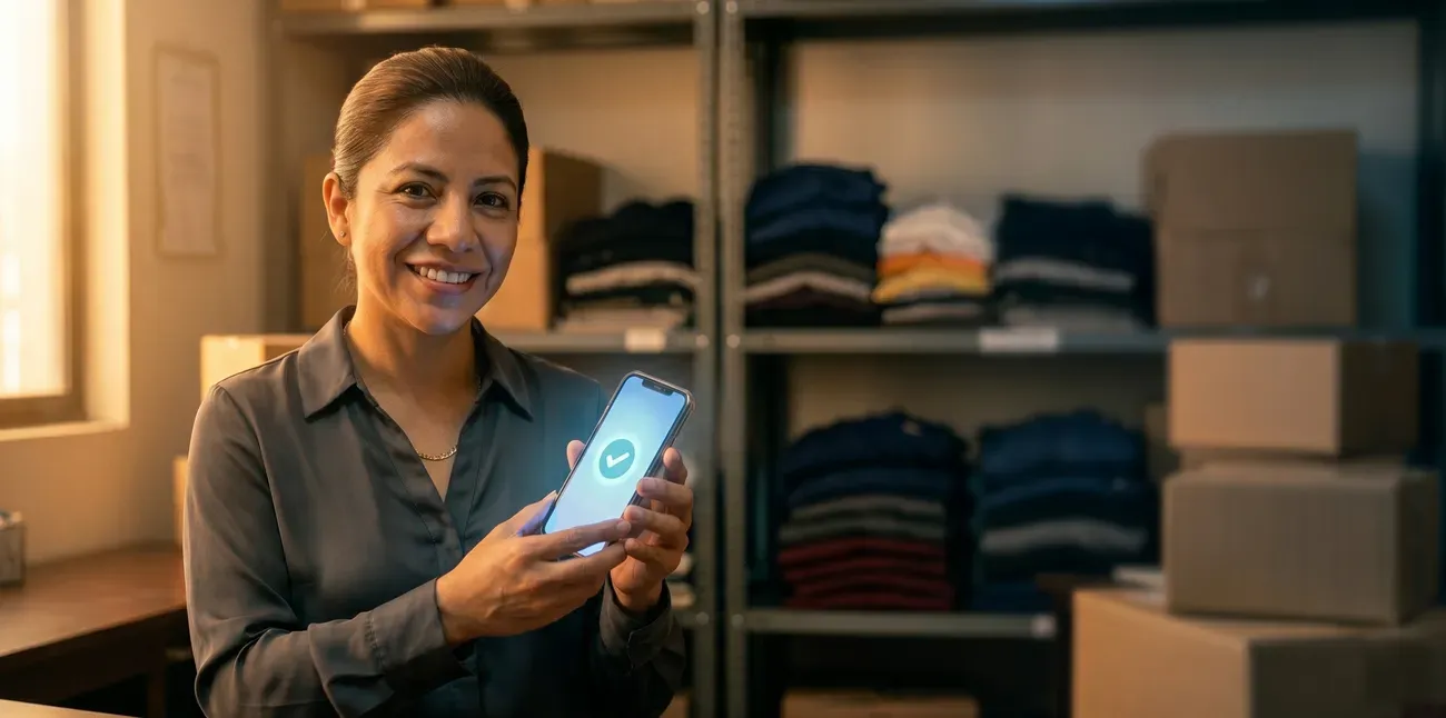 Dueña de boutique sonriendo al confirmar un pago en su celular desde su bodega de ropa al mayoreo.