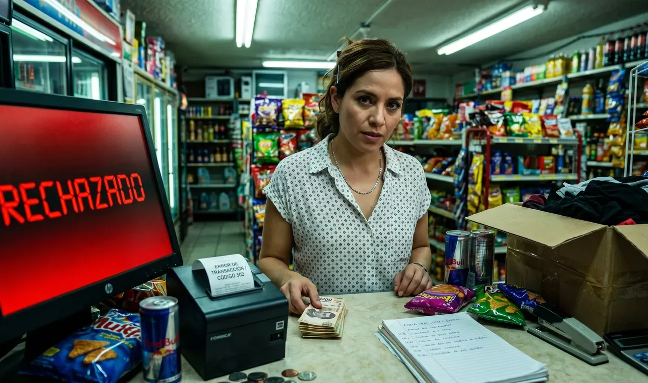 Ropa sin vender en un Dueña de boutique simpática y joven frente al mostrador de una tienda, intentando hacer un depósito en efectivo ante un monitor de caja que muestra error de sistema, rodeada de recibos y notas.pequeno espacio de negocio casero mientras una emprendedora observa con preocupacion al fondo, representando el miedo al inventario muerto.