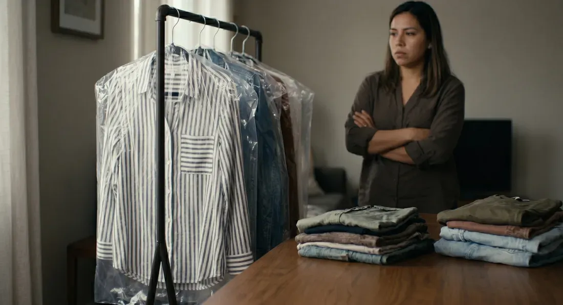 Ropa sin vender en un pequeno espacio de negocio casero mientras una emprendedora observa con preocupacion al fondo, representando el miedo al inventario muerto.