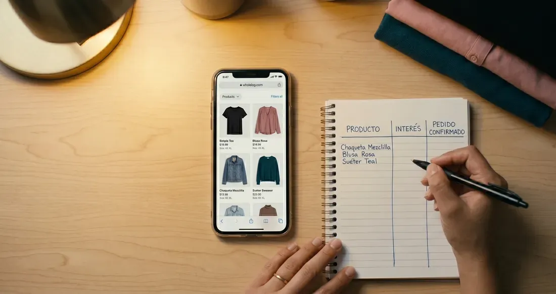 Vista de escritorio con celular mostrando catalogo de ropa, libreta de control de pedidos y tres prendas dobladas, representando el metodo de vender primero y comprar despues.