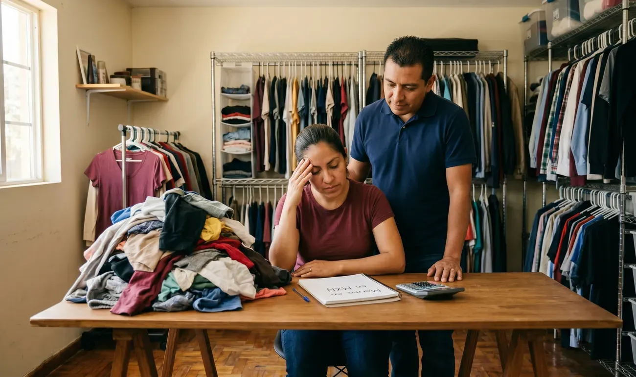 Emprendedora calculando la "Merma en MXN" en su libreta frente a un montón de ropa desordenada, frustrada por las tallas.