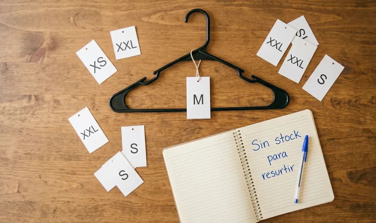 Gancho con etiqueta M ordenada, rodeado de etiquetas sueltas de otras tallas y libreta que dice "Sin stock para resurtir".
