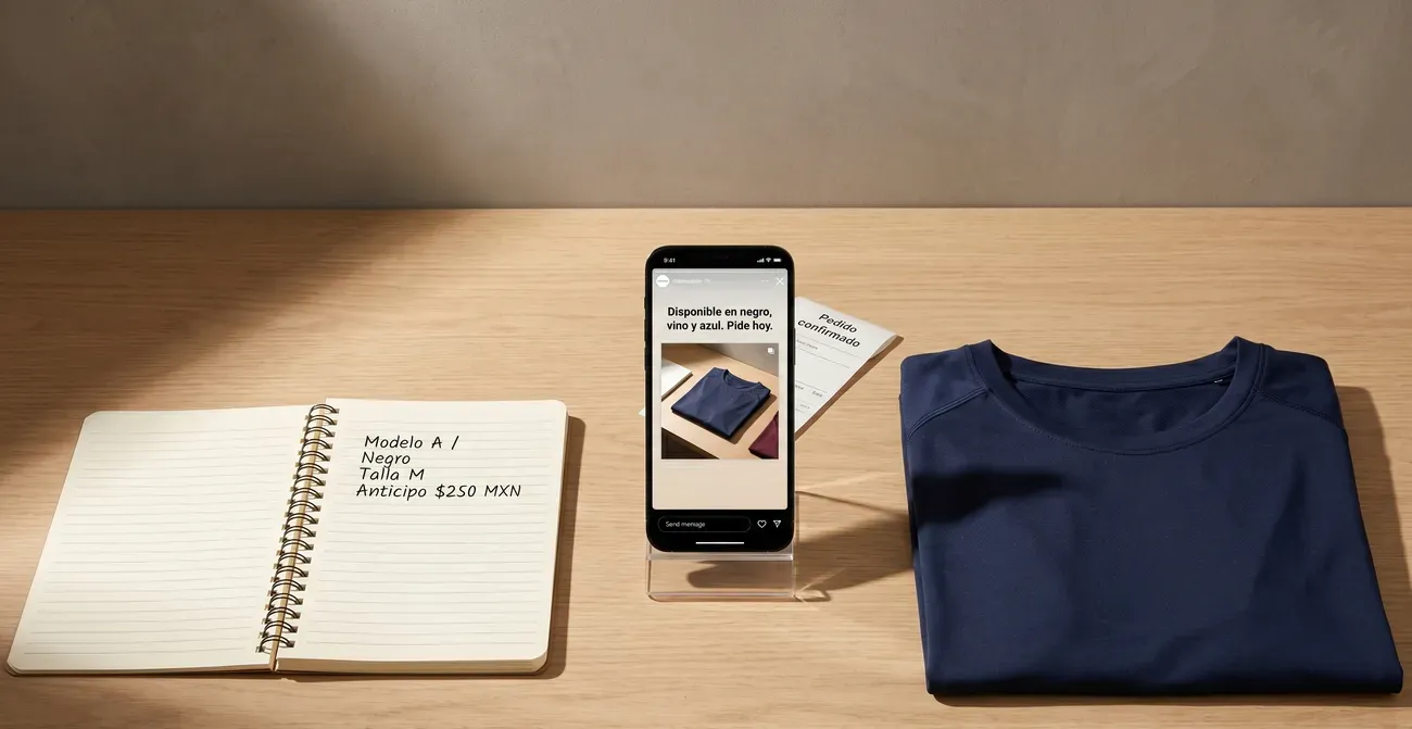 Bodegón: celular con historia de IG de ropa, notas de pedido en MXN y playera doblada en mesa.