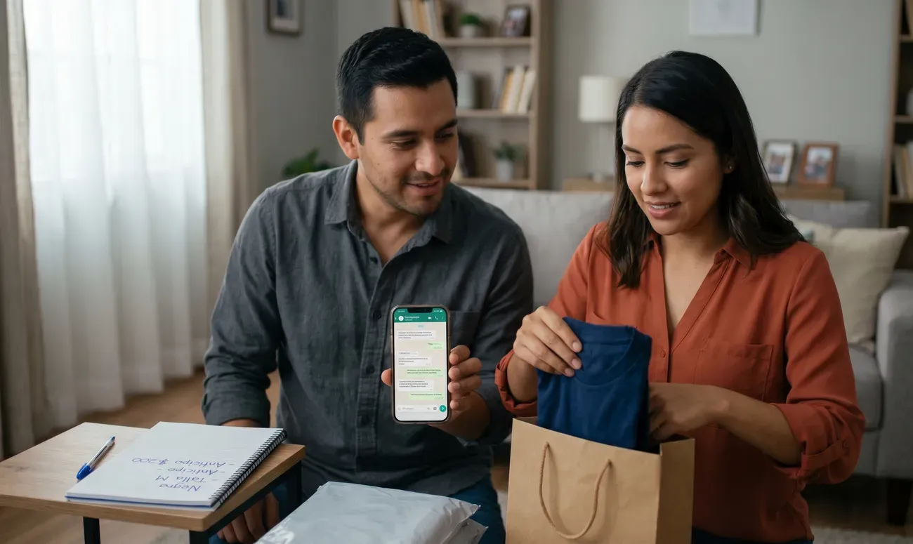 Emprendedores de clase media preparan un pedido en casa usando solo su celular y libreta.