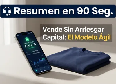 Portada de resumen en audio sobre cómo vender ropa sobre pedido sin arriesgar capital. Estilo minimalista con celular y prenda doblada.