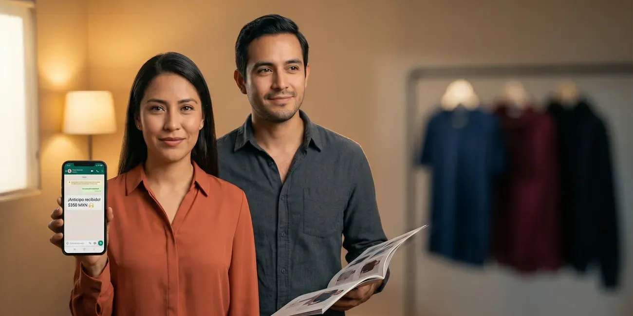 Emprendedores de 30 años con celular mostrando anticipo de $350 MXN y catálogo: así funciona el sobre pedido.