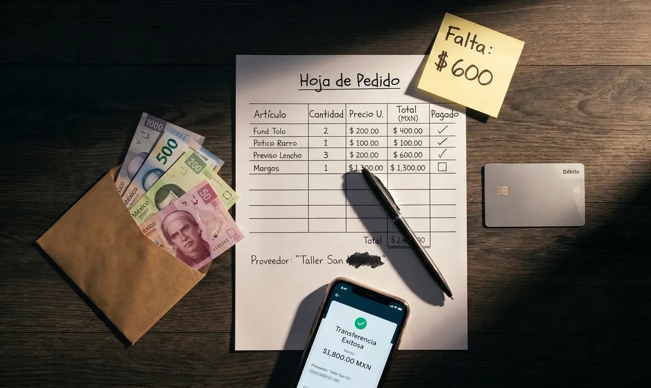 Hoja de pedido rodeada de métodos de pago: tarjeta, celular con transferencia, efectivo y nota pendiente. Flexibilidad para pagar.