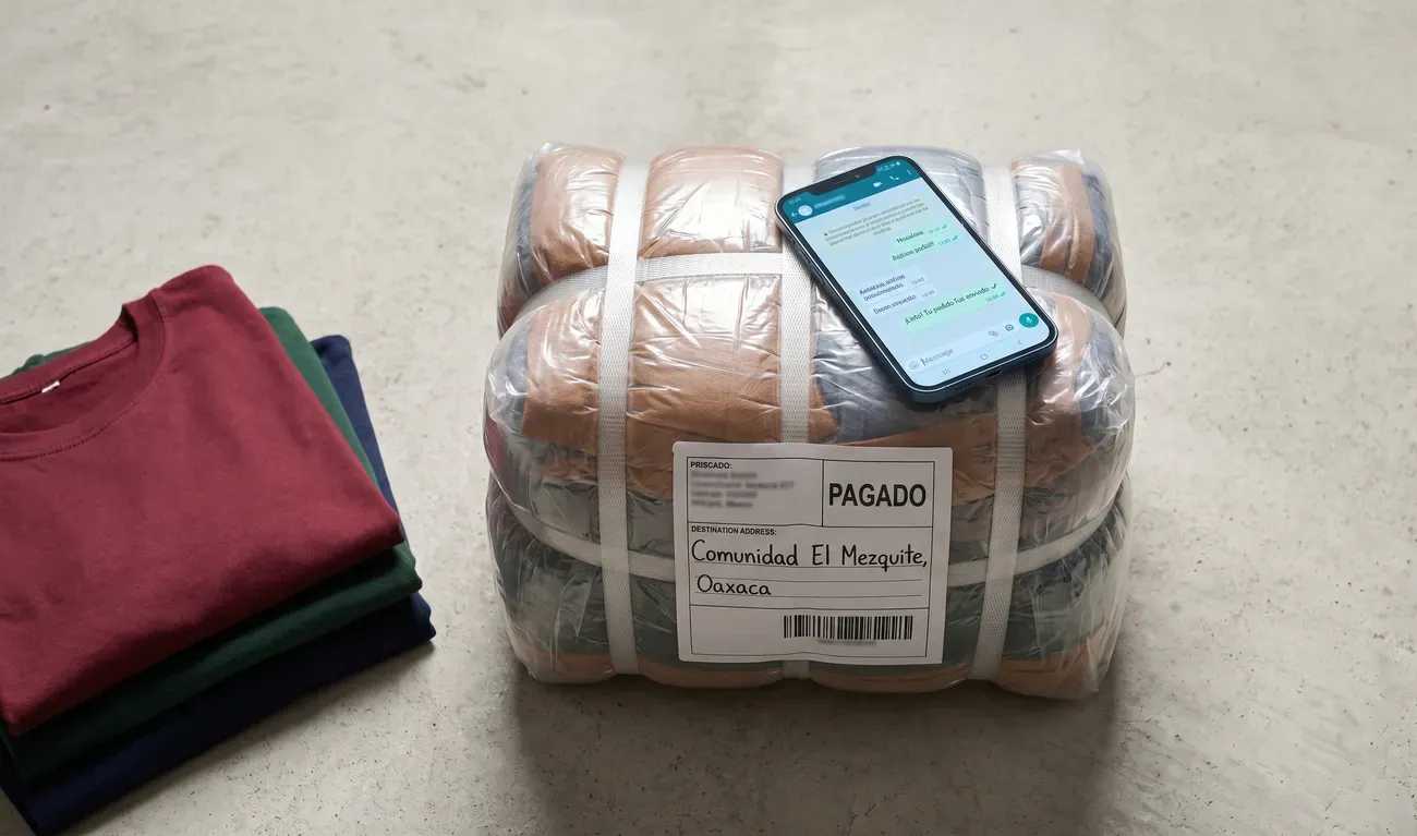 Paca de ropa con etiqueta a destino rural y sello PAGADO. Celular muestra envío por WhatsApp junto a las prendas. Surtido exitoso.