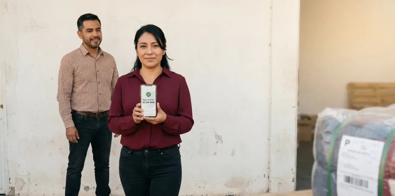 Emprendedora mexicana con celular mostrando pago confirmado en pesos; su socio al fondo. Surtido de ropa sin salir del pueblo.