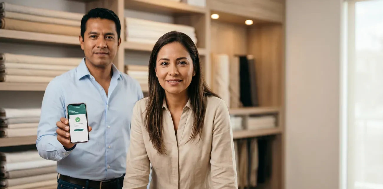 Dos emprendedores de 40 años, mostrando confirmación de pago en mobil.
