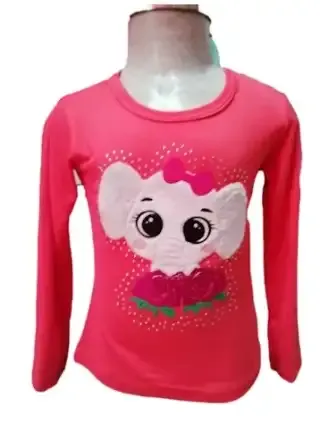 Blusa rosa fucsia de manga larga para niña con diseño de elefante blanco de peluche, moño rosa y flores bordadas.