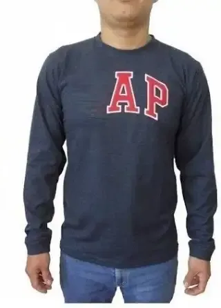 Playera de manga larga bordada azul marino con las letras "GAP" aplicadas en color rojo y blanco en el pecho.