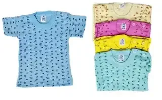 Playeras de manga corta para bebé con estampados pequeños en colores azul, beige, rosa, amarillo y turquesa.