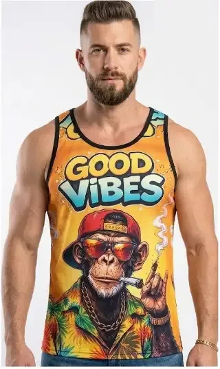 Camiseta de tirantes color naranja con estampado gráfico de un mono fumando y la frase "Good Vibes" en letras grandes.