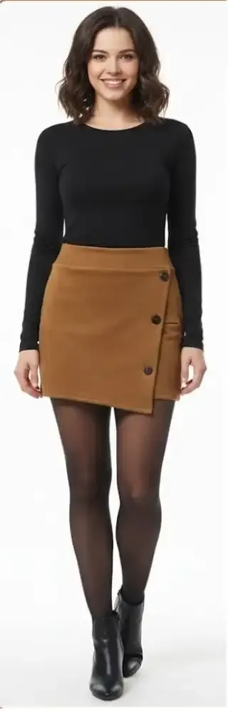 Falda short asimétrica color café tabaco en tela tipo gamuza con detalle de tres botones negros laterales.